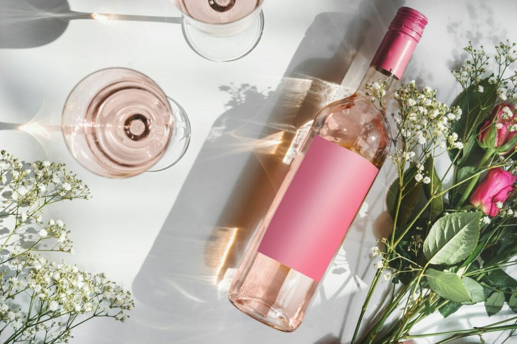 Rose wine bottle with empty pink mock up label
