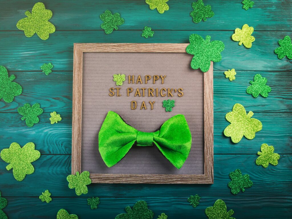 St Patrick Day greetings on letter board, shamrock